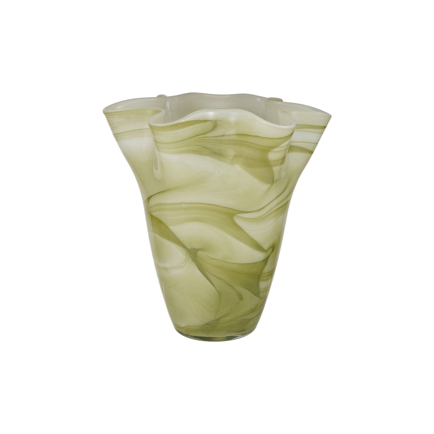 Hand-Blown Glass Ruffled Vase with Swirled Design, Opaque Green & White