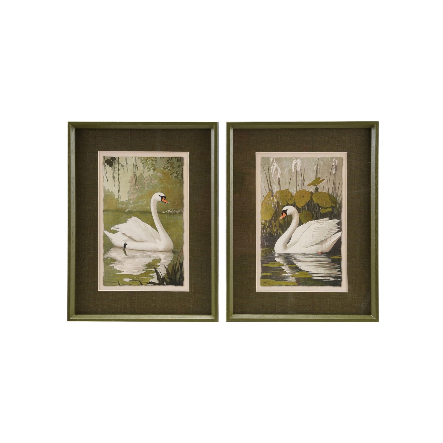 Wood Framed Glass Wall Decor with Swan & Mat