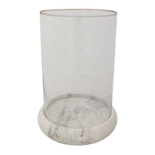 9" Round x 12-1/2"H Glass Hurricane with Marble Base, White