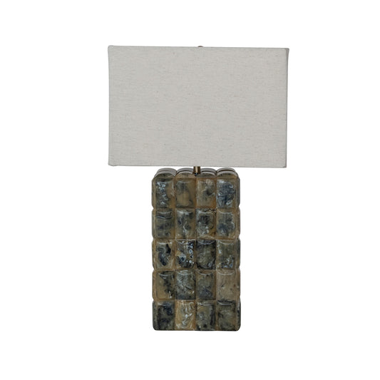 MDF & Marbled Resin Tile Table Lamp with Linen Shade, Green