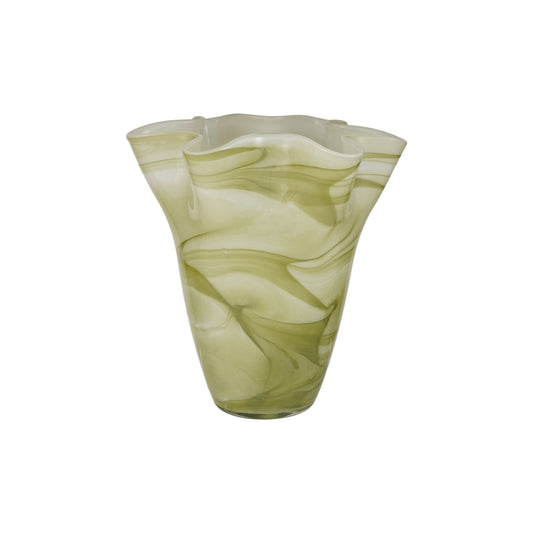 Hand-Blown Glass Ruffled Vase with Swirled Design, Opaque Green & White