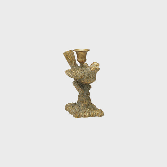 Resin Bird Shaped Taper Holder, Distressed Antique Gold Finish